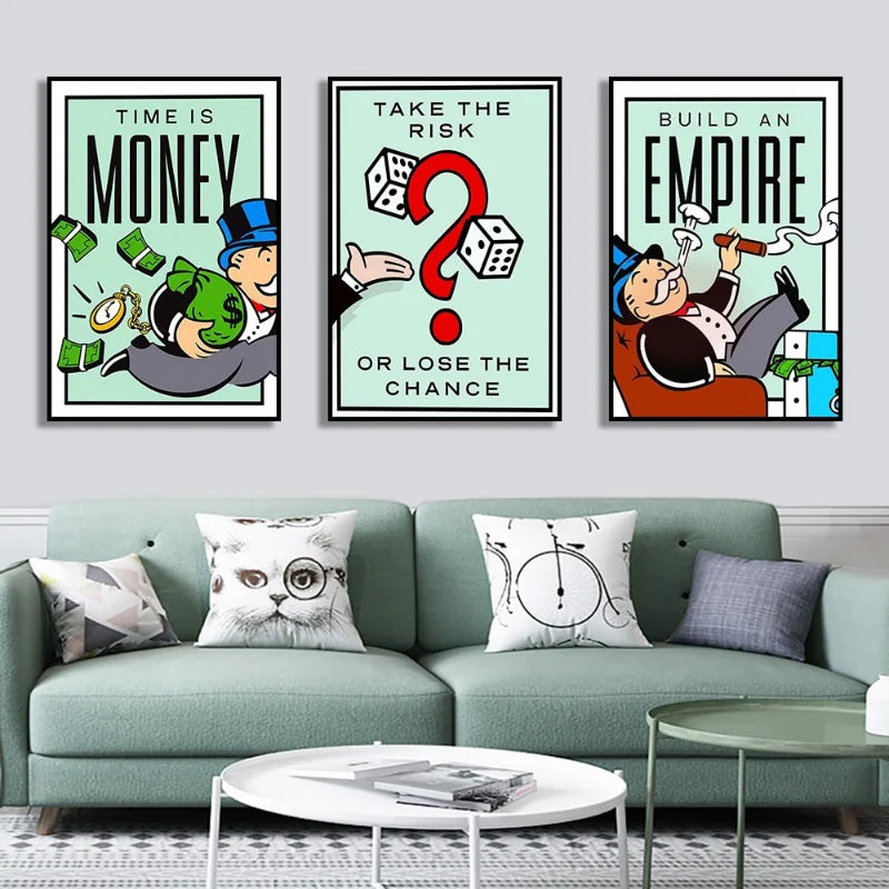 Monopoly Millionaire Dollar Money Poster Cartoon Figure Motivational Quote Canvas Painting Room Wall Art Picture For Home Decor